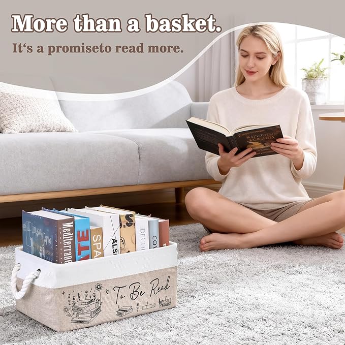 Book Lovers Gifts for Women Men – TBR Book Storage Basket with Pocket, Book Basket for Couch & Bedside, Reading Accessories, Book Club Gifts for Teacher Librarian, Decor for Living Room