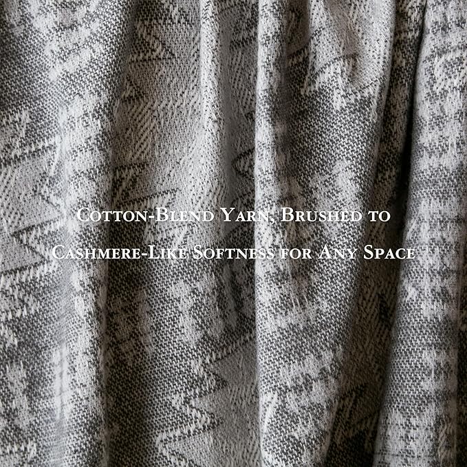 Woolrich Cotton Blend Jacquard Throw with Fringe Edge, Lightweight All-Season Decorative Throw Blanket, Machine Washable, Oeko-TEX Certified, Grey Aztec, 50"x60"
