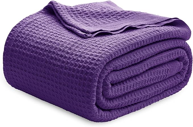 Bedsure Gentlesoft 100% Cotton Blanket King Size for Bed - Breathable and Soft for Spring Summer, Thick Cozy Waffle Weave Blanket Gifts for Women, Purple, 104x90 inches