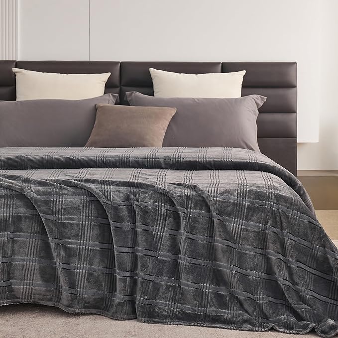 Super Soft Flannel Queen Blanket 90x90 Inches, Premium Checkered Jacquaed Silky Fleece Lightweight Bed Blanket All Season Use, Dark Grey Strip, 90"x90"