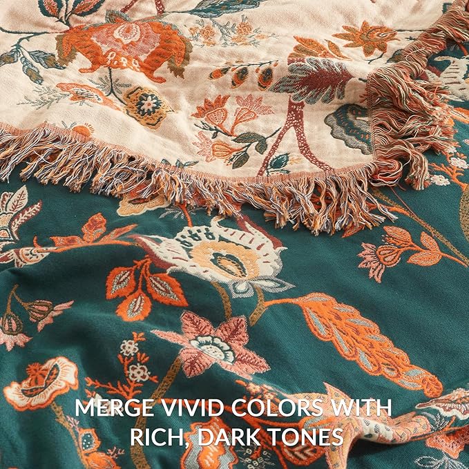 Boho Throw Blanket for Couch Sofa Bed, 100% Cotton Woven Quilt with Tassel 90”x98”, Super Soft Muslin Blanket with Floral Printed, Decorative Reversible Bed Blanket/Cover for All Seasons