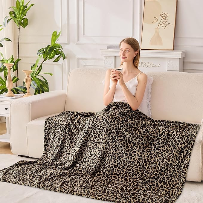 Leopard Print Blanket Fleece Throw for Bed Sofa Travel and Camping, Super Soft Cozy Fluffy Plush Cheetah Print Blanket for All Seasons 50"x60" (Mocha Brown)