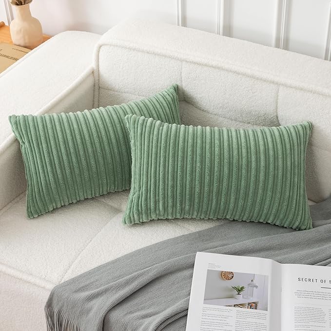 UGASA Velvet 12x20 Inch Lumbar Soft Throw Pillow Covers Corduroy Striped Solid Rectangular Cushion Cases Boho for Couch Bedroom Sofa Home, Pack of 2, Sage Green