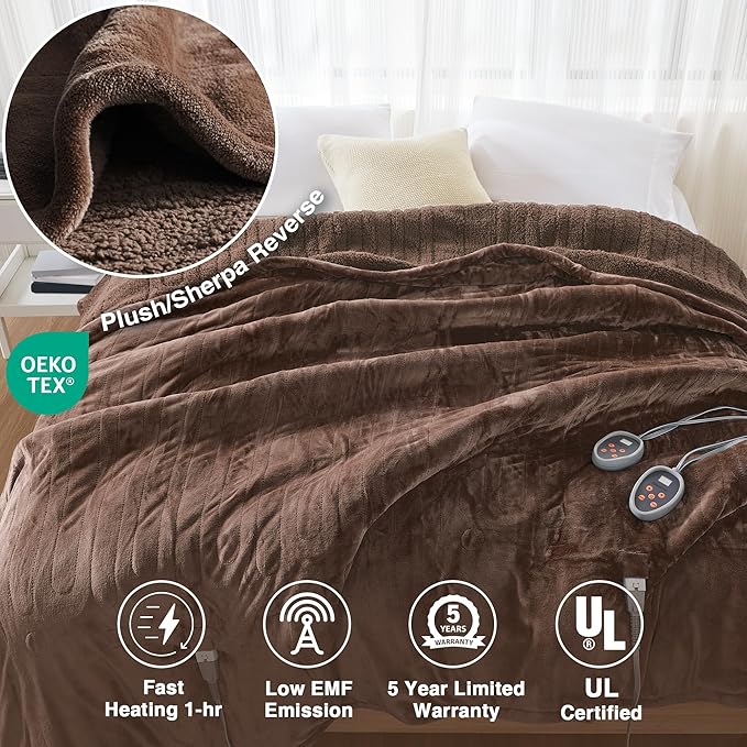 Beautyrest Heated Blanket, Electric Blanket, Soft, Warm, Reversible Plush - Sherpa Heating Blanket with 20 Heat Settings, 1-10 hrs Timer Auto Shut Off, Machine Washable, Queen (90 inx84 in), Chocolate