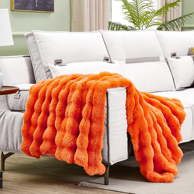 JONIYEAR Solid Fall Bubble Faux Rabbit Fur Throw Blanket for Couch 50" x 60", Decorative Comfy Puffy Warm Fuzzy Blanket for Winter, Extra Thick Shaggy Cozy Comfy Fluffy Blankets for Adult Kids, Orange
