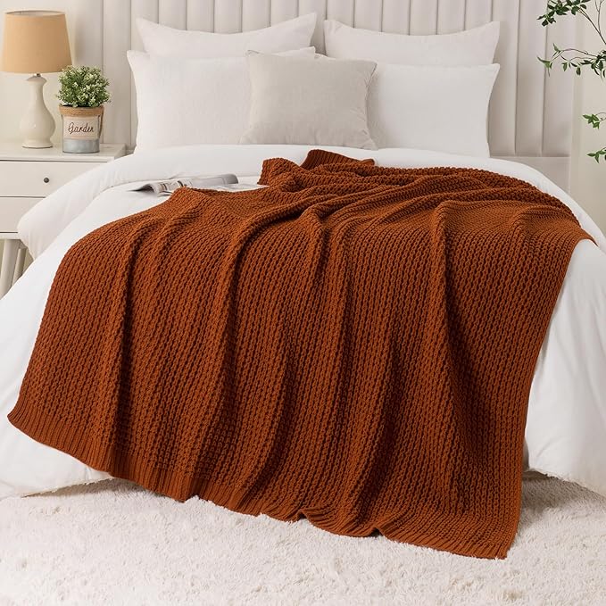 Bunnikins & Clover Knitted Waffle Blanket Throw, Fall Throw Blanket for Home Decoration, Caramel Throw Blanket for Couch, 60"x80"