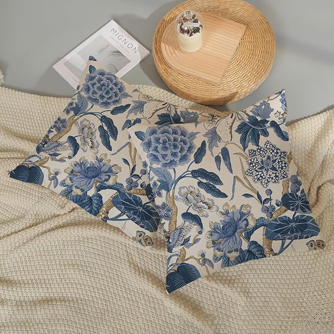 Blue Pillow Covers 20x20 Inch Set of 2 Vintage Blue Floral Throw Pillows Chinoiserie Flower Decorative Pillow Cases Outdoor Linen Farmhouse Cushion Cover for Couch Home Sofa Bed Decorations