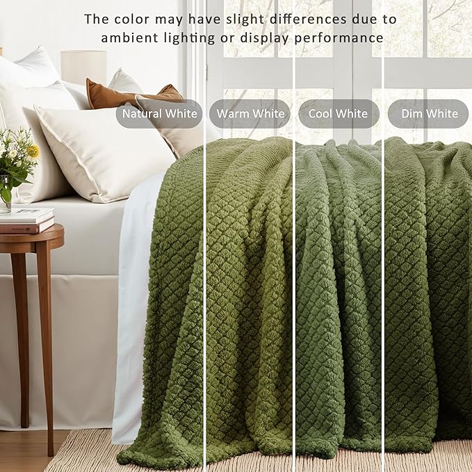 Exclusivo Mezcla Queen Size Fleece Blanket for Bed, Extra Soft Warm Decorative Fuzzy Blanket for Women, Lightweight Cozy Bedding Blankets, 90x90 Inches, Olive Green
