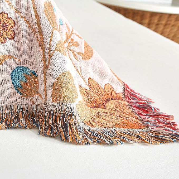 Boho Throw Blanket for Bed 90”x98”, 100% Cotton Woven Blanket for Couch Sofa, Ultra Soft 4-Layer Muslin Quilt with Floral Printed, Farmhouse Bed Blanket/Cover for Living Room Decor