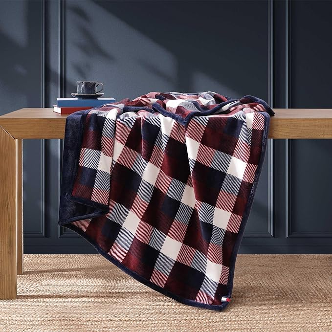 Tommy Hilfiger - Blanket, Ultra-Soft Plush Throw Blanket for Bed or Couch, Cozy Plaid Bedding with Solid Reverse & Tailored Hem, Medium Weight for Year Round Comfort (Derby Plaid Red, 50" x 70")