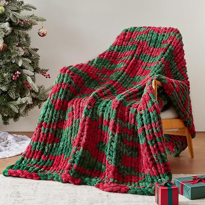 Chunky Knit Throw Blanket, 80''*90'' Knitted Throw Chenille Yarn for Bed Couch, Handmade Stripe Crochet Big Thick Blanket, Machine Washable Cute Comfy Blanket for Home Decor