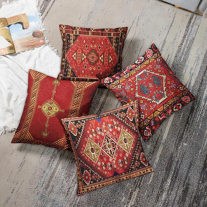 Britimes Throw Pillow Covers Geometric Kilim Moroccan Home Decor Set of 4 Oriental Ikat Pillow Cases Living Room Decorative 16 x 16 Inches Cushion Couch Sofa Pillowcases Colorful Red Tribal