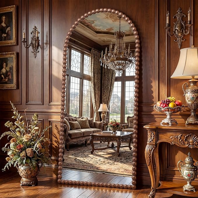 Antok 76" x 34" Arched Full Length Mirror, Antique Beaded Frame Floor Standing or Wall Mounted Mirror with Stand for Bedroom, Entryway, Brown, Luxury Style
