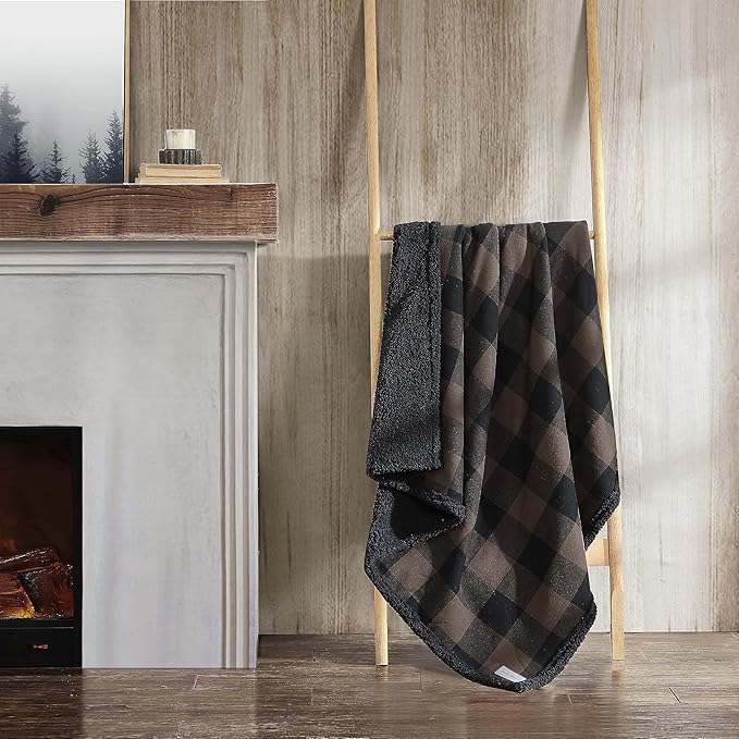 Eddie Bauer - Throw Blanket, Yarn Dyed Cotton Bedding with Solid Ultra-Soft Sherpa Reverse, Throw Blanket for Couch & Bed (Cabin Plaid Brown, 50" x 60")