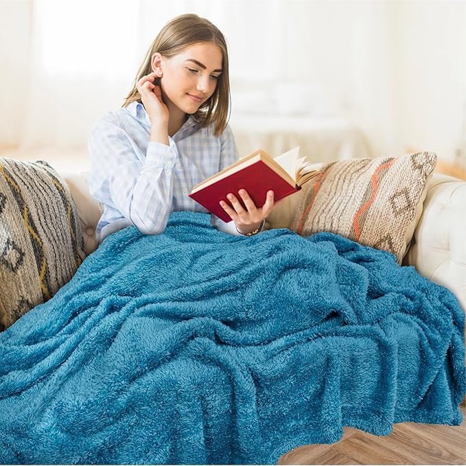 PAVILIA Sherpa Bed Blanket Queen Size, Turquoise Teal Blue Plush Soft Cozy Blanket for Bed, Fluffy Lightweight Microfiber, Fuzzy All Season Blanket, 90x90 Queen