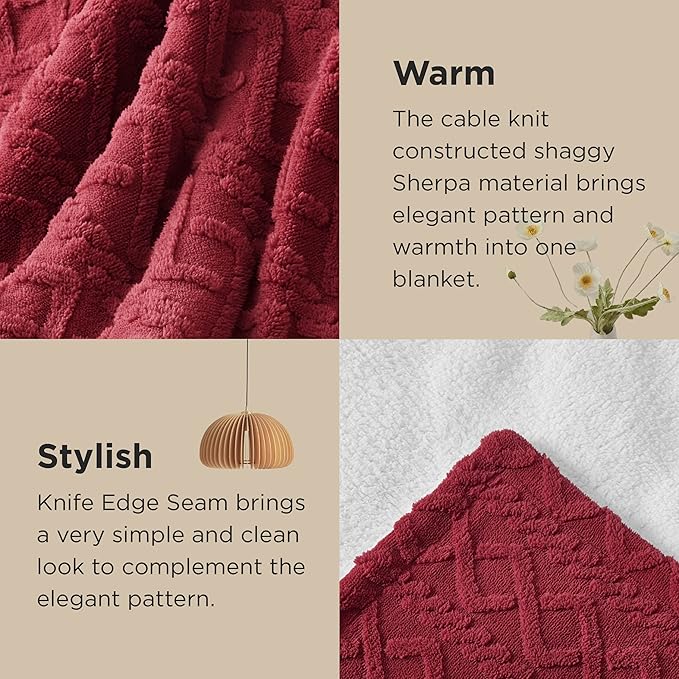 Bedsure Gentlesoft Sherpa Fleece Blanket Twin Size for Bed - Fluffy & Cozy Cable Jacquard Tufted for Women Gift, Thick and Warm Christmas Blanket for Winter, Red, 60x80 Inches