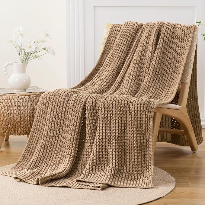 Bunnikins & Clover Beige Throw Blanket for Couch, Knitted Beige Throw for Bed, Neutral Throw Blankets Tan Blanket for Room Decor Housewarming Gifts, 60"x80"