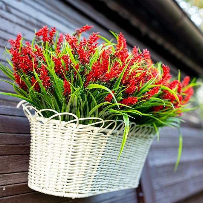 Artificial Flowers for Outdoors Plants - 20 Bundles Fake Lavender Plastic Faux Monkey Grass UV Resistant for Home Decorations (20, Red)