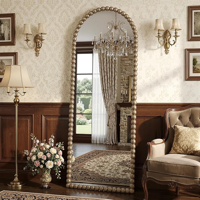 Antok 57" x 21" Arched Full Length Mirror, Antique Beaded Frame Floor Standing or Wall Mounted Mirror with Stand for Bedroom, Entryway, Bronze, Luxury Style