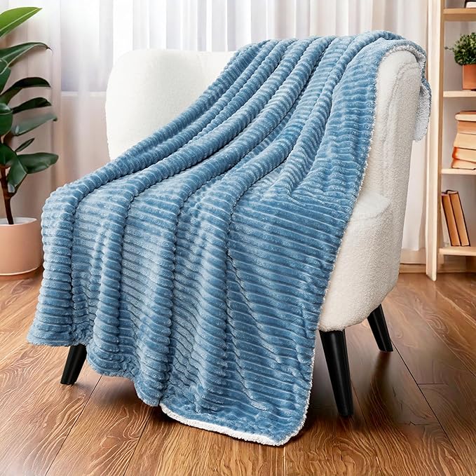 PAVILIA Dusty Blue Sherpa Fleece Throw Blanket for Couch Twin, Soft Plush Fuzzy Blankets, Fluffy Flannel Sherpa Blanket for Bed, Warm 3D Ribbed Winter Blanket Gift, 60x80 inches