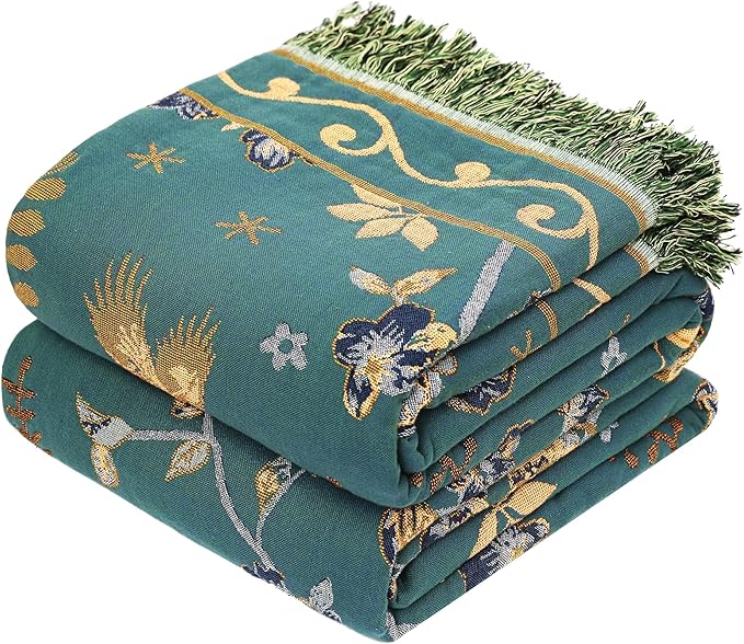Boho 100% Cotton Large Throw Blanket King - All Season Rustic Ultra Soft Breathable Floral Bird Blanket for Bed Sofa Couch Chair Bedspread Quilt Gift, 91" x 108"-Teal/Beige