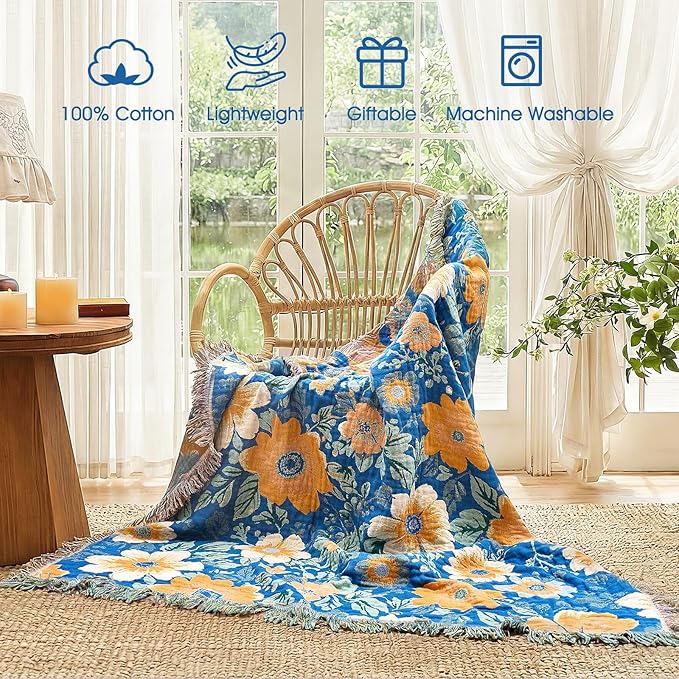 Boho Throw Blanket - 100% Cotton Ultra Soft Muslin Spring Blanket, 60"x80" Lightweight Floral Bird Framhouse Bedding Blanket for Bed, All Season Blue Bohemian Bedroom Home Decor Quilt