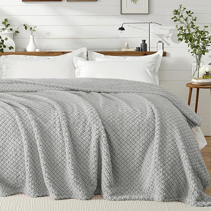Exclusivo Mezcla Queen Size Fleece Blanket for Bed, Extra Soft Warm Decorative Fuzzy Blanket for Women, Lightweight Cozy Bedding Blankets, 90x90 Inches, Light Grey