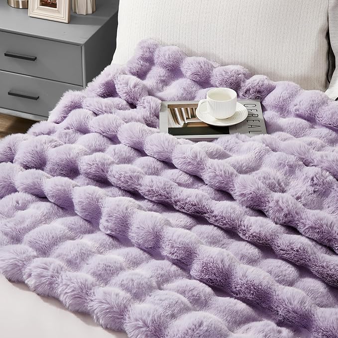 JONIYEAR Soft Fuzzy Bubble Faux Rabbit Fur Throw Blanket 50" x 60", Reversible Aesthetic Warm Thick Fluffy Blanket for Winter,Luxury Cozy Puffy Shaggy Plush Furry Blankets for Couch Sofa, Lilac Purple