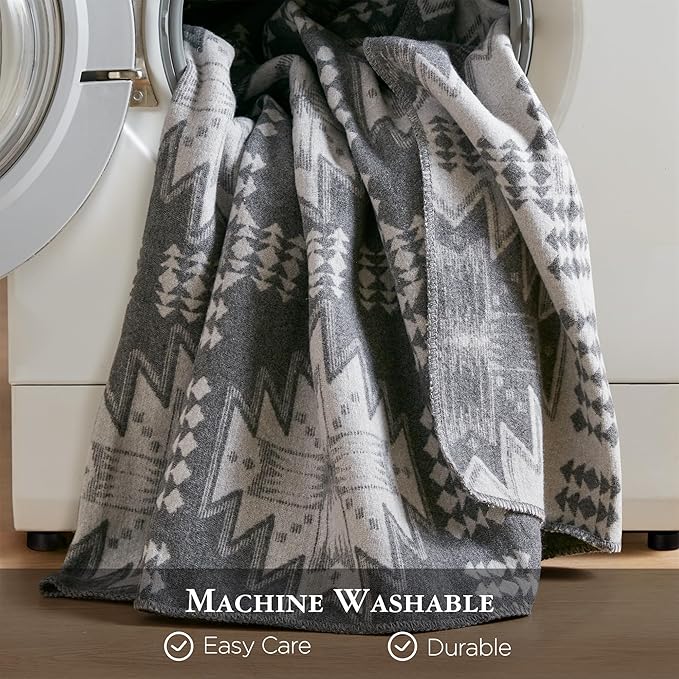 Woolrich Cotton Blend Jacquard Blanket with Whipstitch Edge, Lightweight All-Season Bed Blanket, Machine Washable, Oeko-TEX Certified, Grey Aztec, Full/Queen