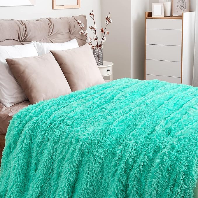 TOONOW Extra Soft Fuzzy Faux Fur Blanket Queen Size 78"x90", Reversible Lightweight Decorative Blankets and Throws Super Soft Cozy Microfiber Fleece Fuzzy Blankets for Couch Bed, Turquoise