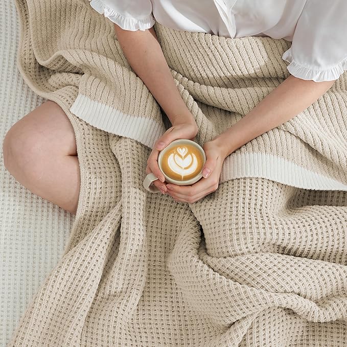 Amélie Home Waffle Throw Blanket for Couch Twin, Soft Cozy Chenille Knit Blanket Warm Decorative Throw for Sofa, Bed, Living Room, 60"x80", Beige