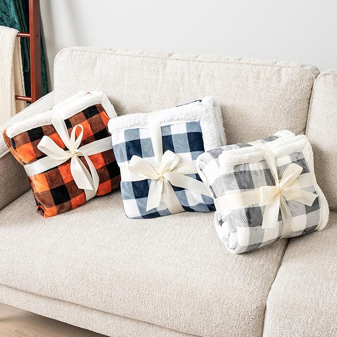 PAVILIA Black Orange Buffalo Plaid Sherpa Throw Blanket for Couch Twin, Soft Fuzzy Flannel Blanket for Bed, Plush Halloween Checkered Fleece Blanket and Throws, Warm Thick Winter Blanket Gift, 60x80