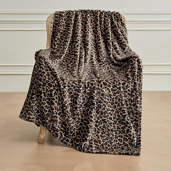 Leopard Print Blanket Fleece Throw for Bed Sofa Travel and Camping, Super Soft Cozy Fluffy Plush Cheetah Print Blanket for All Seasons 60"x80" (Mocha Brown)