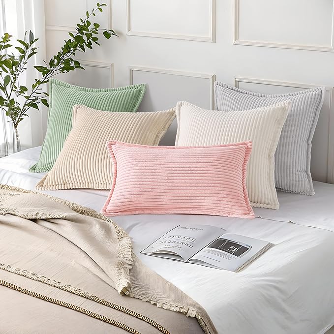 Mecatny Corduroy Throw Pillow Covers 22x22 Set of 2, Neutral Decorative Soft Boho Couch Pillow Covers with Broadside for Sofa Living Room, Grey