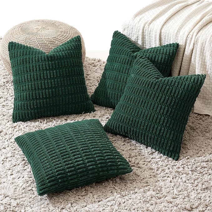 MIULEE Pack of 4 Christmas Dark Green Corduroy Decorative Throw Pillow Covers 20x20 Inch Soft Boho Striped Pillow Covers Modern Farmhouse Home Decor for Sofa Living Room Couch Bed
