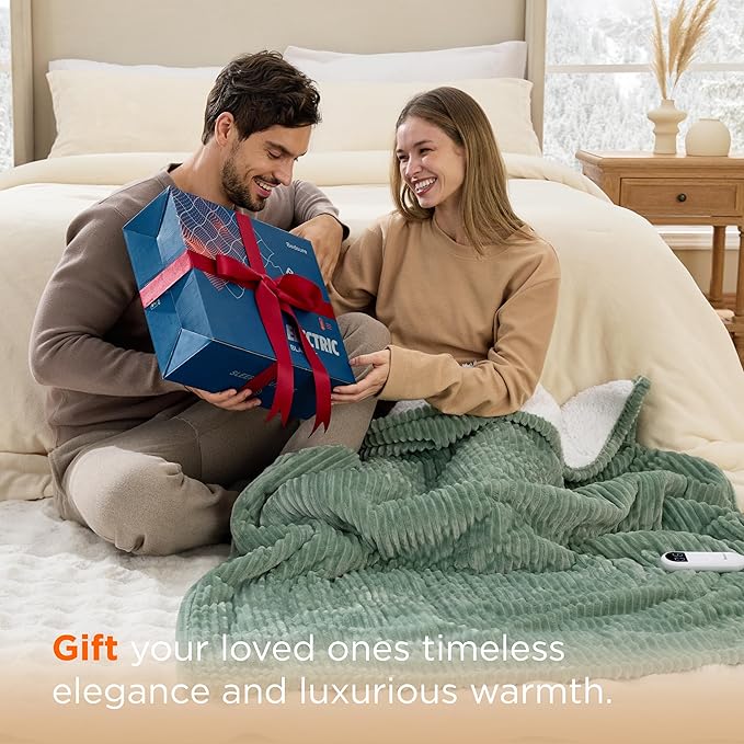Bedsure GentleSoft Electric Blanket King Size - Soft Ribbed Flannel Heated Blanket with Dual Control, Heating with 10 Heat Settings & 10 Time Settings, 8 hrs Timer Auto Shut Off (90x100 inches, Green)
