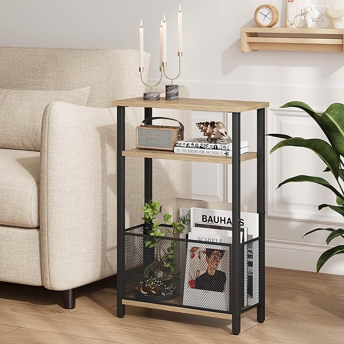 Narrow Side Table with Storage Basket Skinny End Tables for Smalls Spaces 3 Tier Sofa Table Small Nightstand Slim Bedside Table for Living Room Bedroom Greige MLBZ22GR