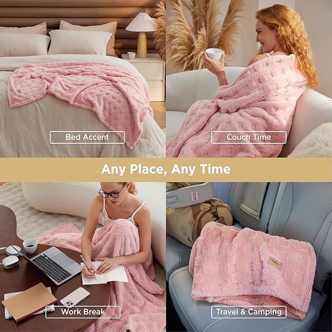 Bedsure Light Pink Throw Blankets for Women - GentleSoft Waffle Cozy Blanket for Sofa Couch Bed Room Decor, Super Fluffy Fleece Checkered Throw for Girls, Warm Cute All Season Gift, 50x60 Inches
