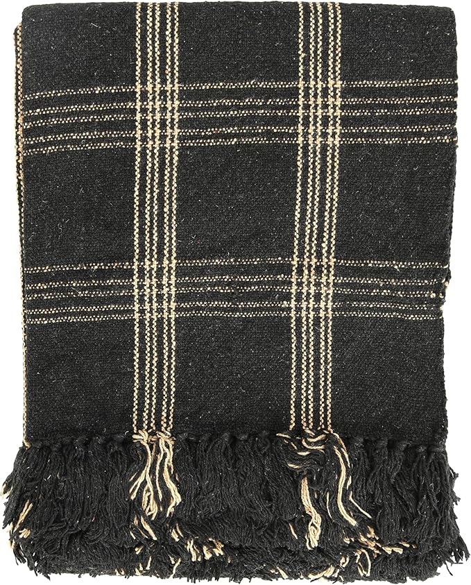 Plaid Black & Tan Fringed Woven Cotton Blend Throw