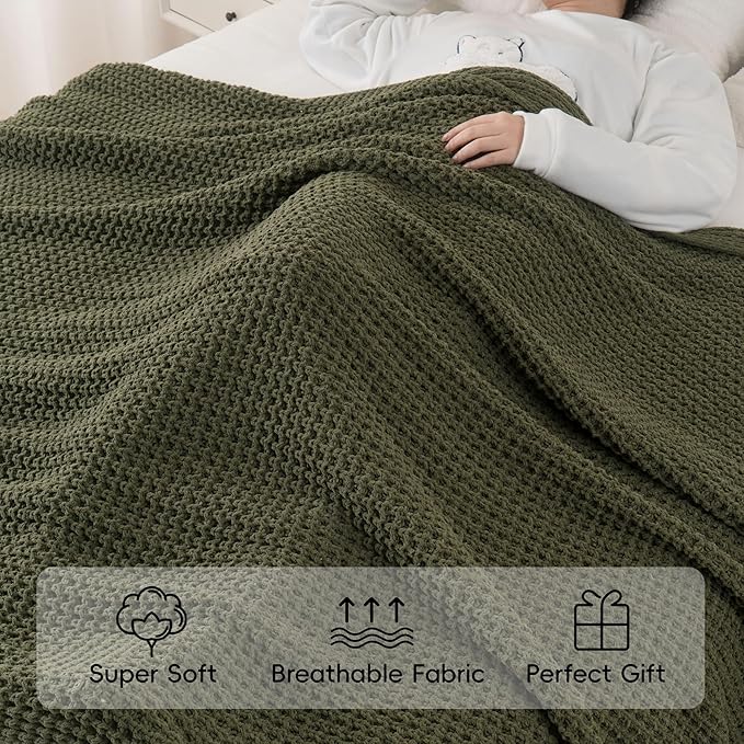 Bunnikins & Clover Olive Green Throw Blanket for Couch, Waffle Knit Blanket Throw, Super Soft Warm Dark Green Throw Blanket for Home Decor,Sofa and Living Room, 50"x60"