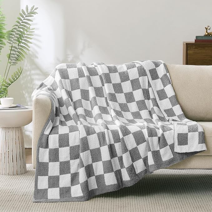 Checkered Throw Blanket, Light Grey Soft Cozy Fluffy Knitted Throw Blankets for Couch, Sofa, Bed, Chair, Warm Fuzzy Travel Picnic Lightweight Plaid Blanket, 50x70 inches