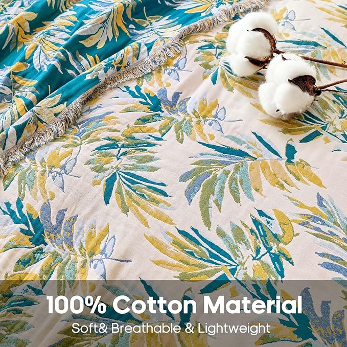 Boho Throw Blanket 60"x80" 100% Cotton Twin Bed Tassel Blanket with Leaf Pattern,Soft Breathable Lightweight Spring Decorative Reversible Blankets for Couch Sofa Decor All Season