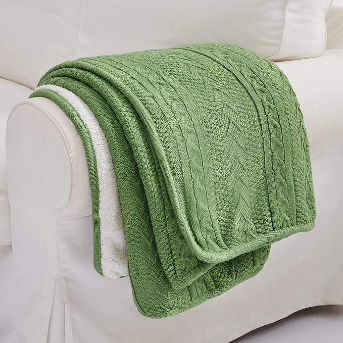 Longhui bedding Sage Green Acrylic Cable Knit Sherpa Throw Blanket - Thick, Soft, Big, Cozy Sage Green Knitted Fleece Blankets for Couch, Sofa, Bed - 50 x 63 Inches