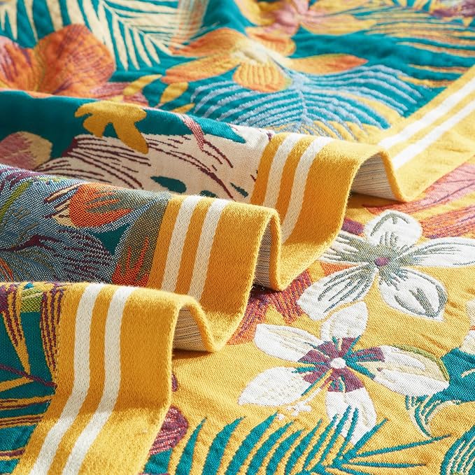 Boho Throw Blanket for Bed 60”x80”, 100% Cotton Woven Blanket for Couch Sofa, Ultra Soft 4-Layer Muslin Quilt with Floral Printed, Farmhouse Bed Blanket/Cover for Living Room Decor