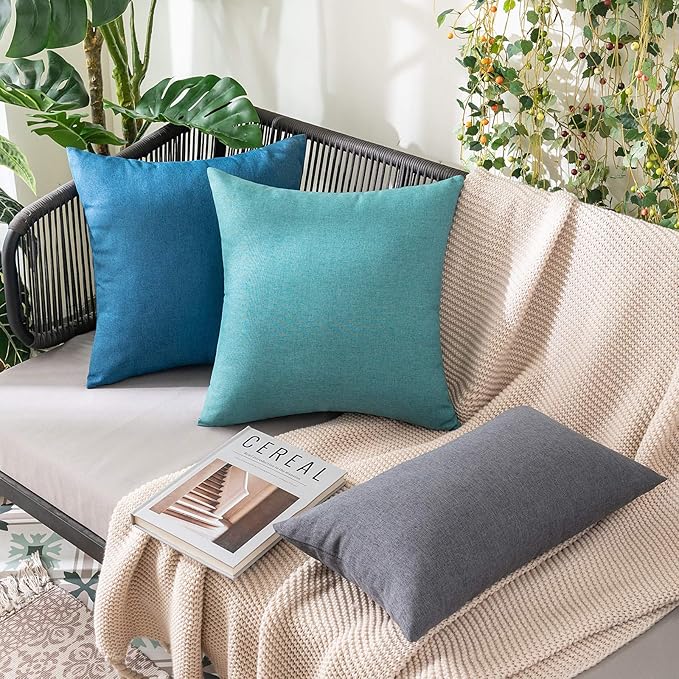 MIULEE Pack of 2 Decorative Outdoor Solid Waterproof Throw Pillow Covers Euro Sham Faux Linen Garden Farmhouse Coastal Cushion Cases for Summer Patio Tent Balcony Couch Sofa 22x22 Inch Turquoise