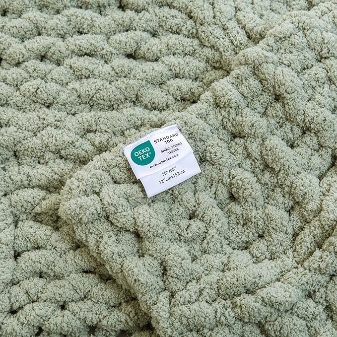 WESHIONGOO Chunky Knit Blanket Throw 50"×60" Knitted Throw Blankets for Couch Bed Fluffy Soft Blanket with Jumbo Chenille Yarn Thick 100% Handmade (Sage Green)
