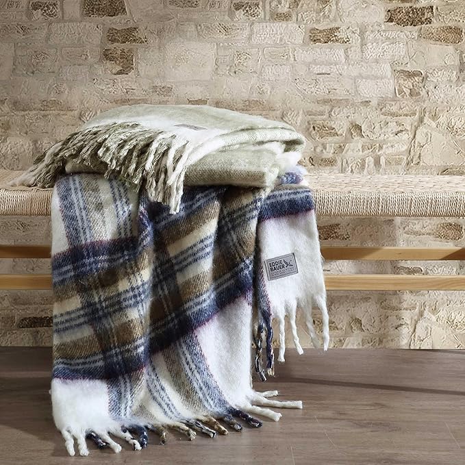 Eddie Bauer - Throw Blanket, Faux Mohair Plaid Bedding with Ultra-Soft Yarn-Dyed Construction, Throw Blanket for Couch or Bed (Edgewood Plaid Beige, 50" x 60")