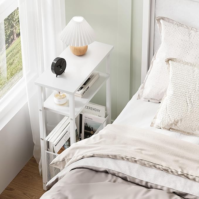 Narrow Side Table with Storage Basket Skinny End Tables for Smalls Spaces 3 Tier Sofa Table Small Nightstand Slim Bedside Table for Living Room Bedroom White MLBZ22W