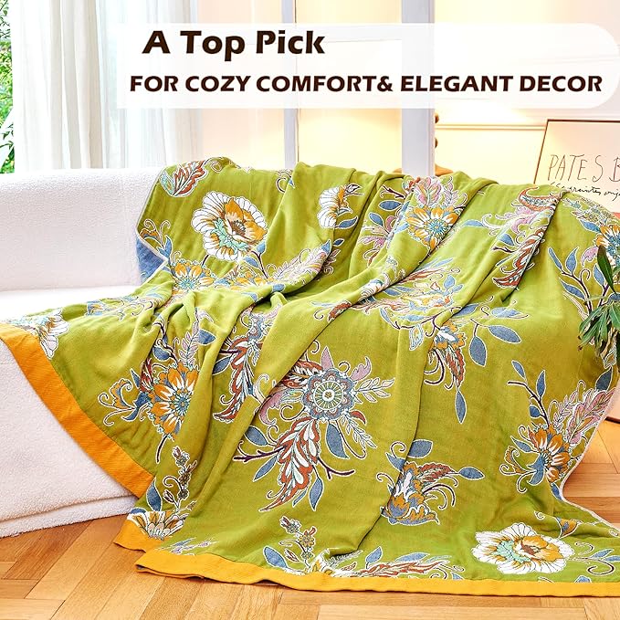 Boho Throw Blanket 60" x 80", 100% Organic Cotton Breathable Ultra Soft Bed Quilt Throw - All Season Luxury Floral Farmhouse Decor Blanket for Sofa Couch Chair and Gift. Green/Blue