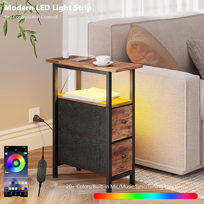 End Table with Charging Station, Narrow Side Table with 2 Fabric Drawers, Skinny Nightstand with LED Light, Slim Bedside Table for Bedroom, Living Room, Small Spaces, Rustic Brown